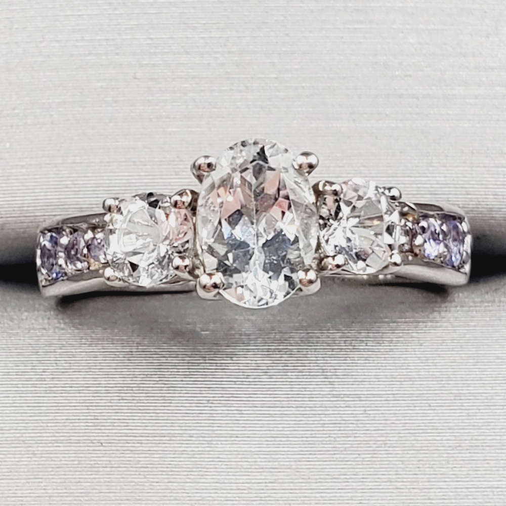 Oval Three Stone Goshenite & Tanzanite 925 Sterling Silver Ring